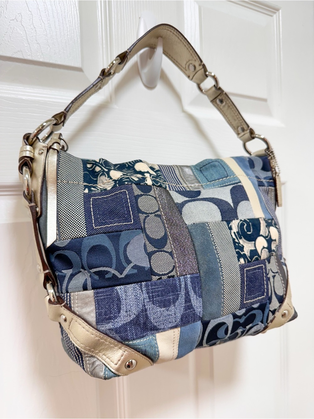 Coach Carly Small Denim Patchwork Hobo Shoulder Bag Blue Multi Vintage Y2K - Picture 3 of 17